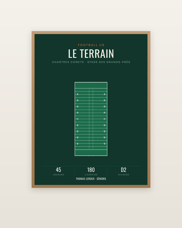 Affiche terrain de football américain aux cotes NFL, encadrée dans un cadre bois naturel