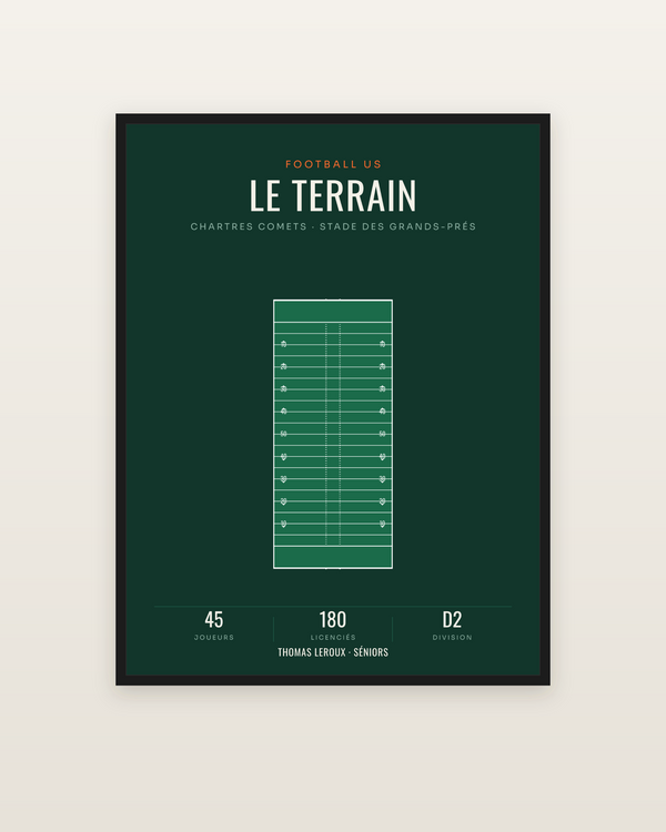 Affiche terrain de football américain aux cotes NFL, encadrée dans un cadre noir