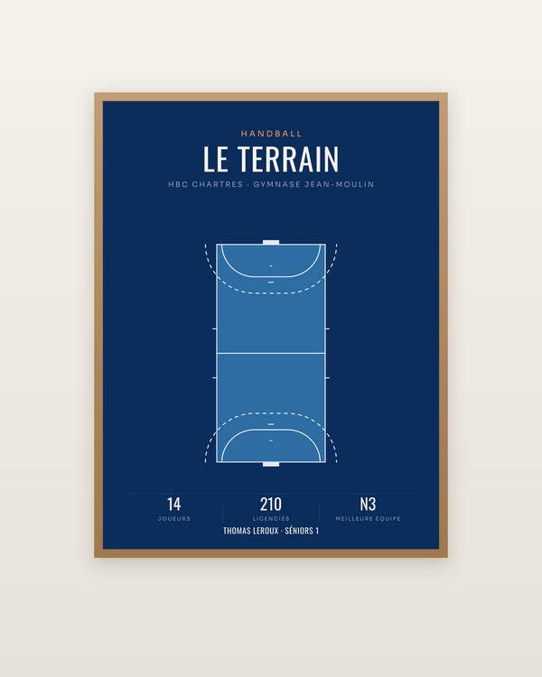Affiche Terrain de handball | poster déco, encadrée dans un cadre bois naturel