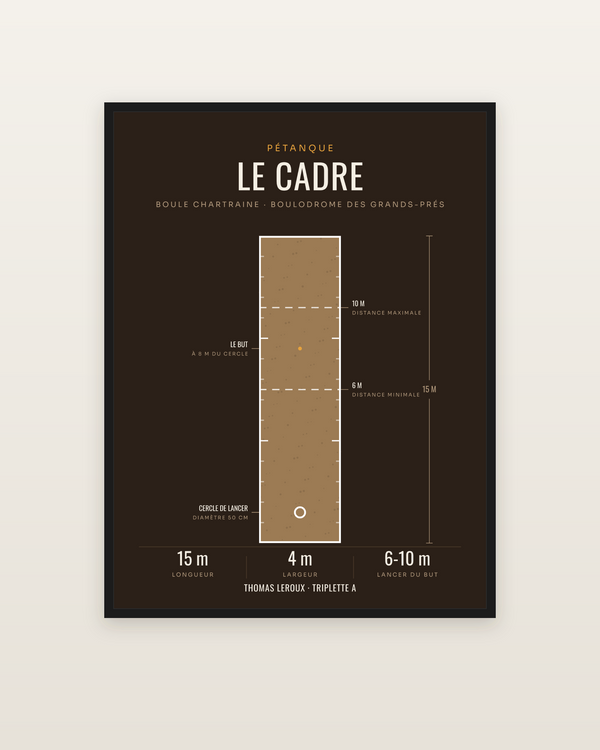 Affiche Terrain de pétanque | le cadre coté, encadrée dans un cadre noir