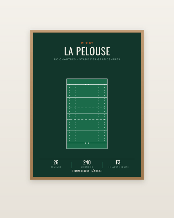 Affiche Terrain de rugby | poster pelouse, encadrée dans un cadre bois naturel