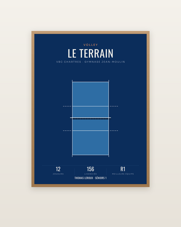 Affiche Terrain de volley | poster déco, encadrée dans un cadre bois naturel