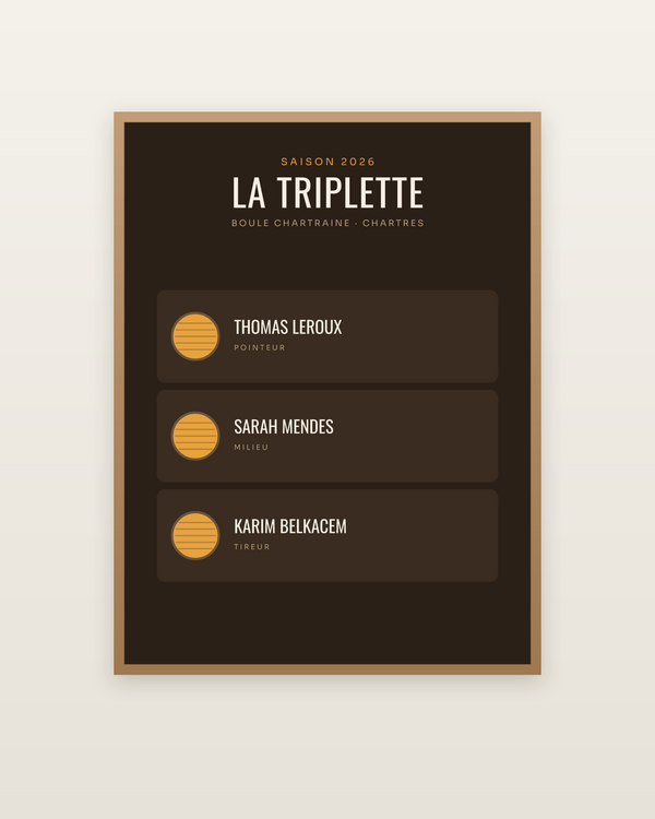 Affiche Triplette de pétanque personnalisée, encadrée dans un cadre bois naturel