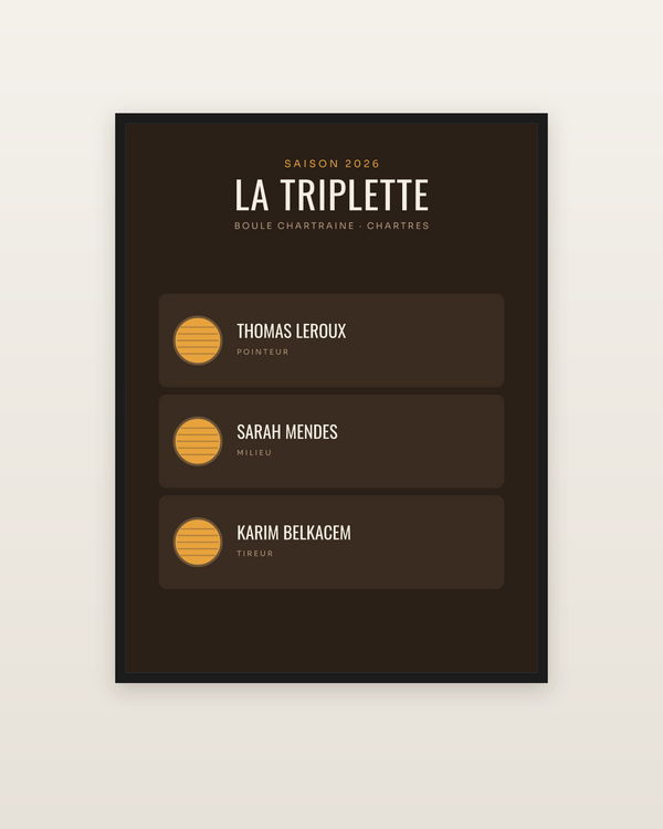 Affiche Triplette de pétanque personnalisée, encadrée dans un cadre noir