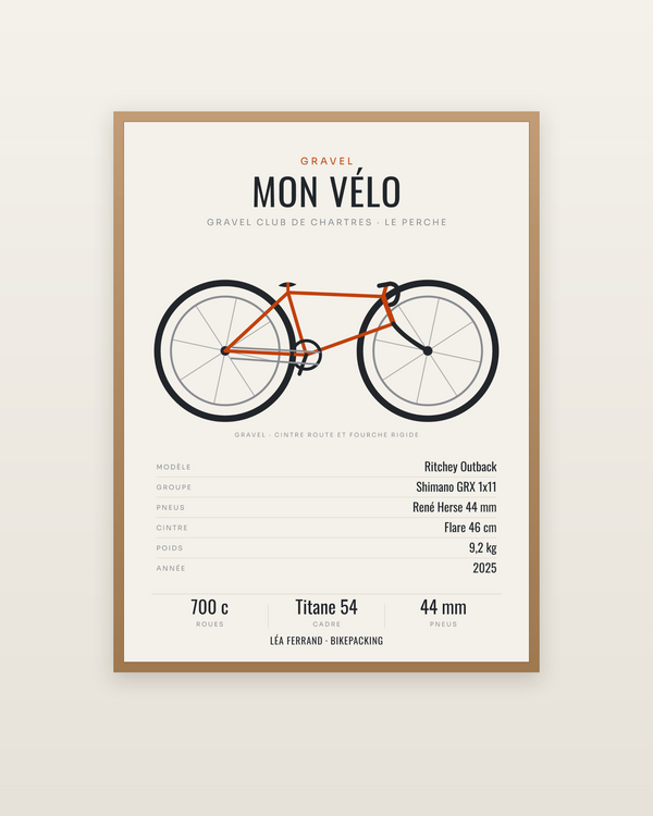 Affiche Mon gravel | le vélo dessiné de profil, encadrée dans un cadre bois naturel