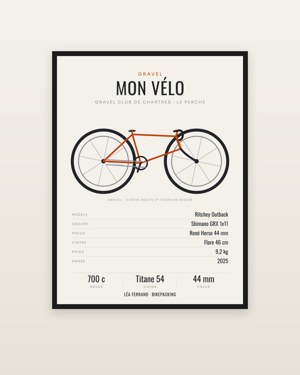 Affiche Mon gravel | le vélo dessiné de profil, encadrée dans un cadre noir