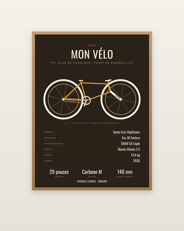 Affiche Mon VTT | le vélo dessiné de profil, encadrée dans un cadre bois naturel