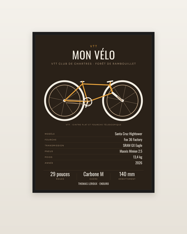 Affiche Mon VTT | le vélo dessiné de profil, encadrée dans un cadre noir