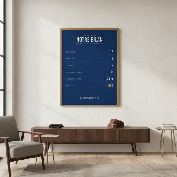 Affiche équestre personnalisée sur fond sportif, parfaite pour orner une chambre d'enfant.