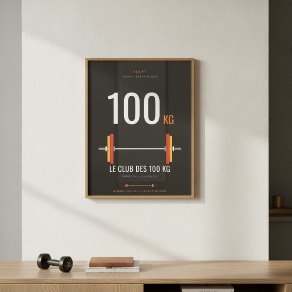 Affiche Le Club des 100 kg | Squat sur fond sportif dans une chambre d'enfant.