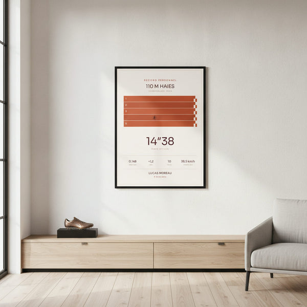 Affiche 110 m haies sportsndeco sur fond dynamique et sportif, idéale pour la chambre d'un enfant passionné.