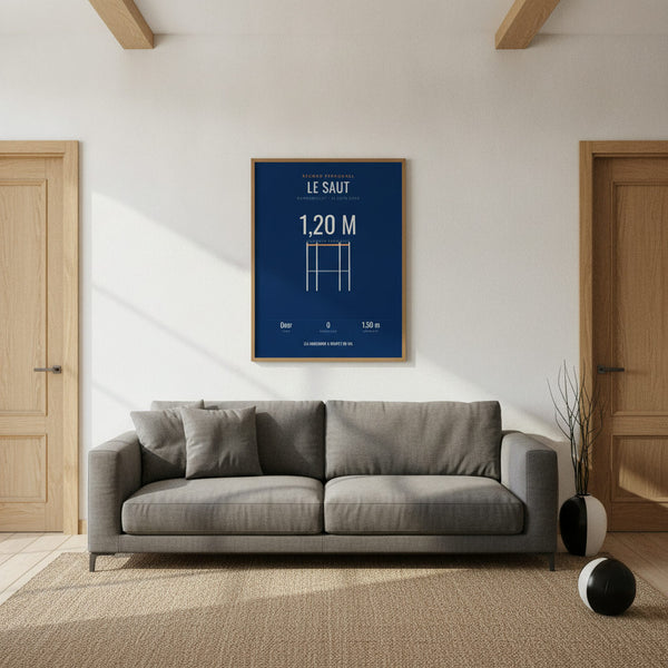 Affiche Record de saut à cheval personnalisée sur fond sportif pour une décoration unique.