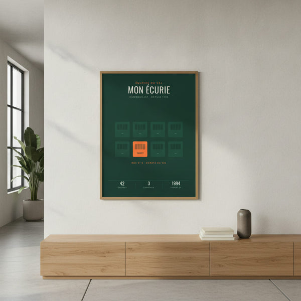 Affiche Club équestre personnalisée, illustrant une rangée de boxes, sur fond sportif vibrant.