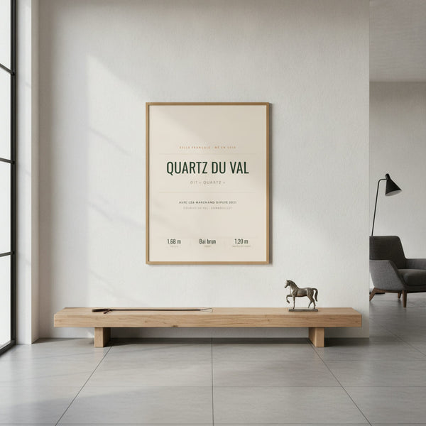 Affiche artistique avec nom de cheval stylisé, fond sportif dynamique pour chambre enfant.