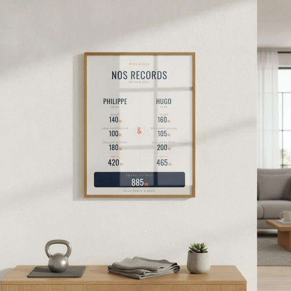 Affiche personnalisée Nos Records Père & fils sur thème sportif, idéal pour la déco.