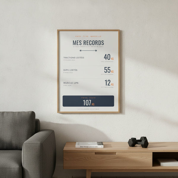 Affiche Mes Records en tableau Street workout sur fond sportif, parfaite pour chambre d'enfant active.