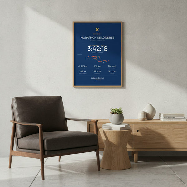 Tableau stylisé du Marathon de Londres, célébrant l'esprit sportif et la victoire personnelle.