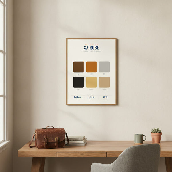 Tableau personnalisable montrant une robe de cheval, parfait pour décorer une chambre sportive.