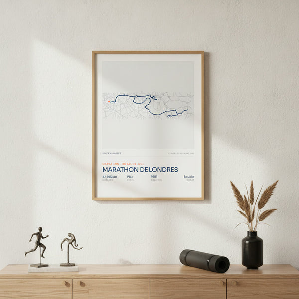 Tableau du Marathon de Londres avec coureurs stylisés, idéal pour une déco sportive.