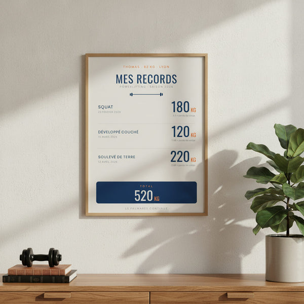 Affiche Mes Records Powerlifting, tableau vibrant sur fond sportif par sportsndeco.