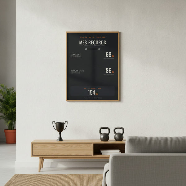 Affiche Mes Records avec motifs haltérophilie, encadrée sur fond sportif animé.