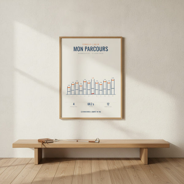 Affiche personnalisée de saut d'obstacles, avec cheval cabrant sur fond sportif dynamique.