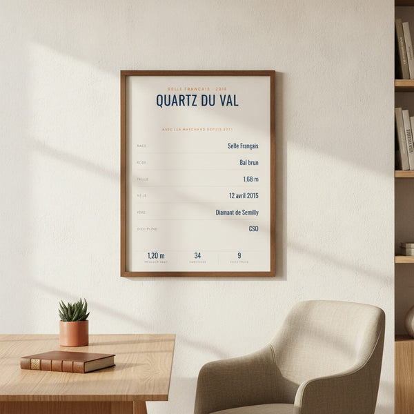 Affiche Cheval personnalisée avec nom, idéale pour une chambre d'enfant sportive et élégante.