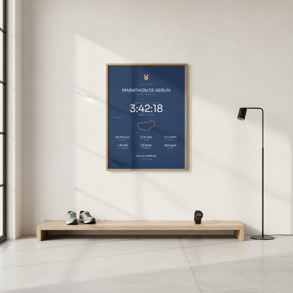 Tableau dynamique du Finisher Marathon de Berlin, célébrant l'exploit sportif dans un décor énergique.