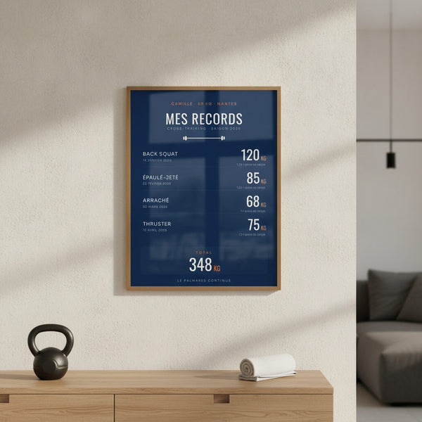 Affiche personnalisée "Mes Records" sur fond de gymnase, idéale pour les jeunes athlètes.