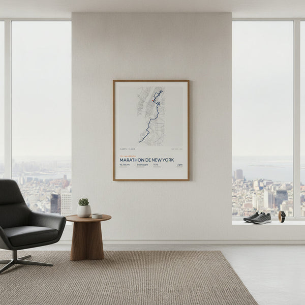 Tableau sportif Marathon de New York, vibrant sur fond athlétique, idéal pour passionnés de course.
