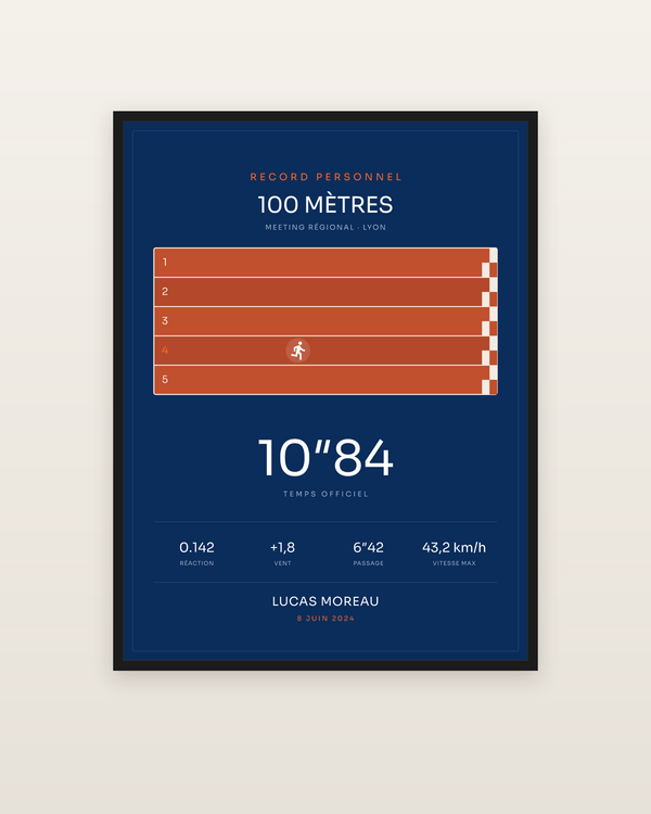 Affiche 100 mètres, encadrée dans un cadre noir