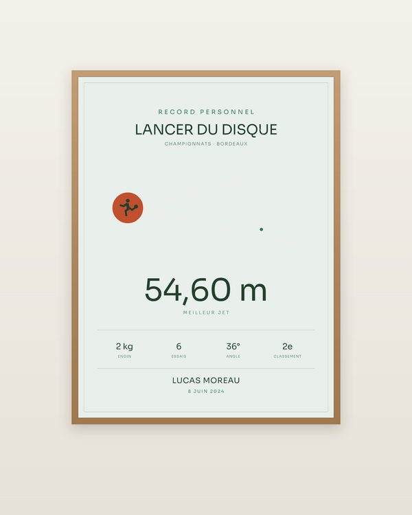 Affiche Lancer du disque, encadrée dans un cadre bois naturel