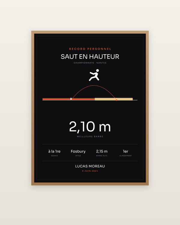 Affiche Saut en hauteur, encadrée dans un cadre bois naturel