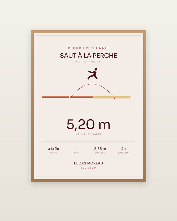 Affiche Saut à la perche, encadrée dans un cadre bois naturel