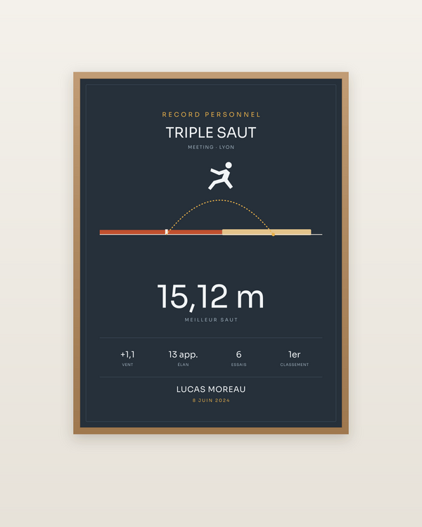 Affiche Triple saut, encadrée dans un cadre bois naturel