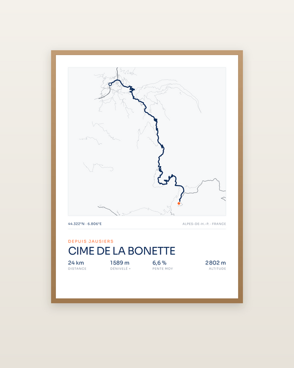 Cime de la Bonette, encadrée dans un cadre bois naturel