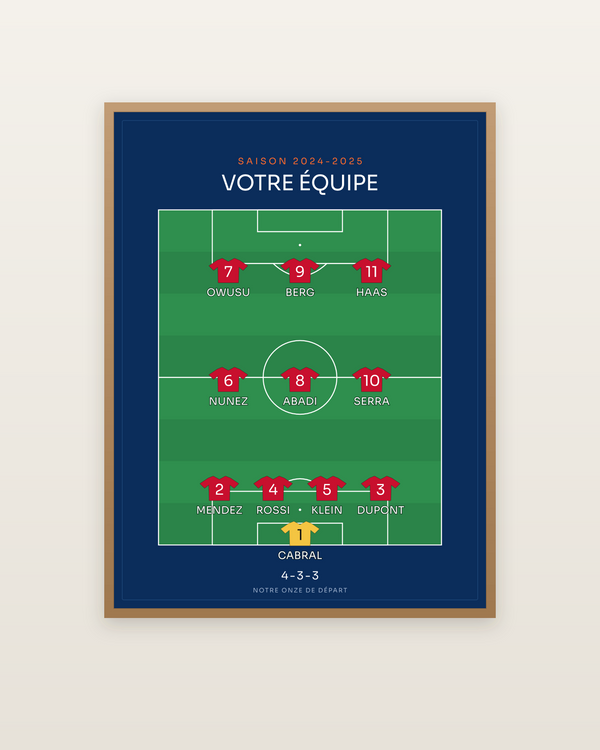Compo de foot | le 11 de départ, encadrée dans un cadre bois naturel