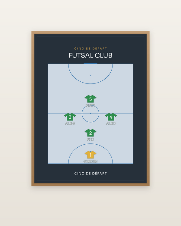 Compo Futsal | le cinq de départ, encadrée dans un cadre bois naturel