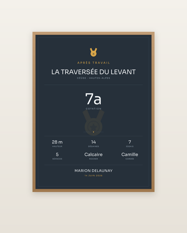 Affiche La Voie | votre cotation en falaise, encadrée dans un cadre bois naturel
