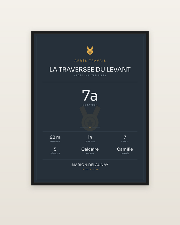 Affiche La Voie | votre cotation en falaise, encadrée dans un cadre noir