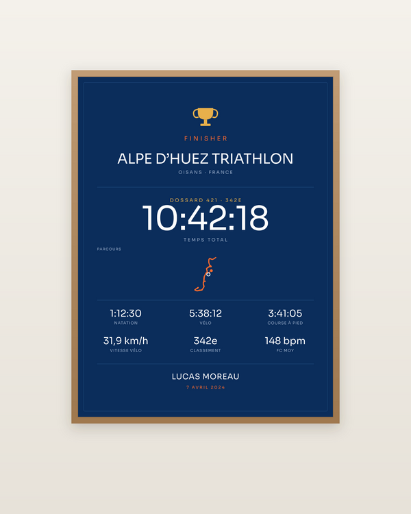 Finisher Alpe d’Huez Triathlon, encadrée dans un cadre bois naturel