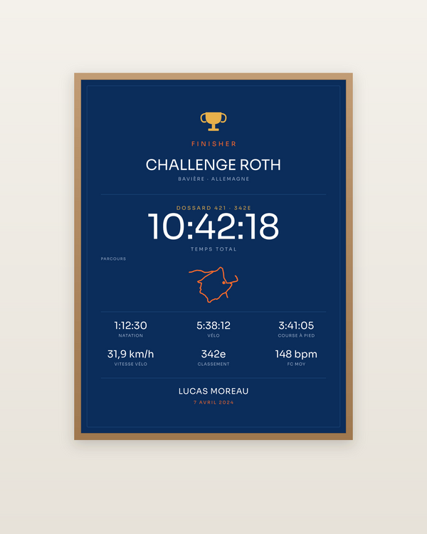 Finisher Challenge Roth, encadrée dans un cadre bois naturel