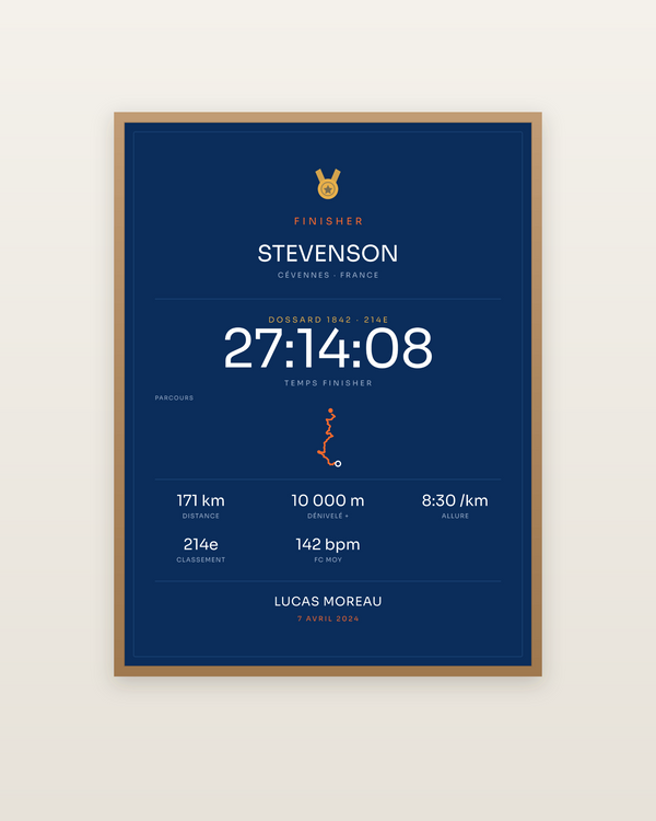 Finisher Stevenson, encadrée dans un cadre bois naturel