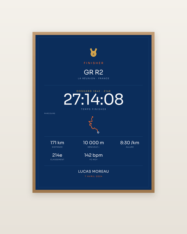 Finisher GR R2, encadrée dans un cadre bois naturel