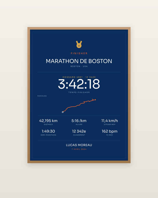 Finisher Marathon de Boston, encadrée dans un cadre bois naturel