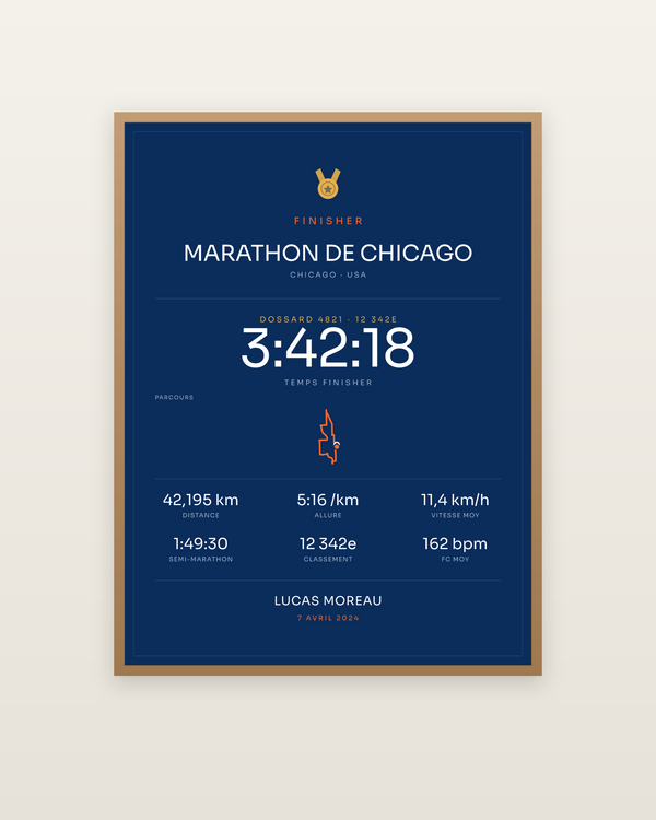 Finisher Marathon de Chicago, encadrée dans un cadre bois naturel