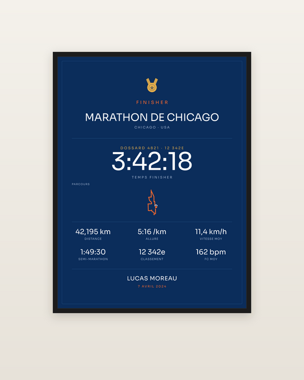 Finisher Marathon de Chicago, encadrée dans un cadre noir