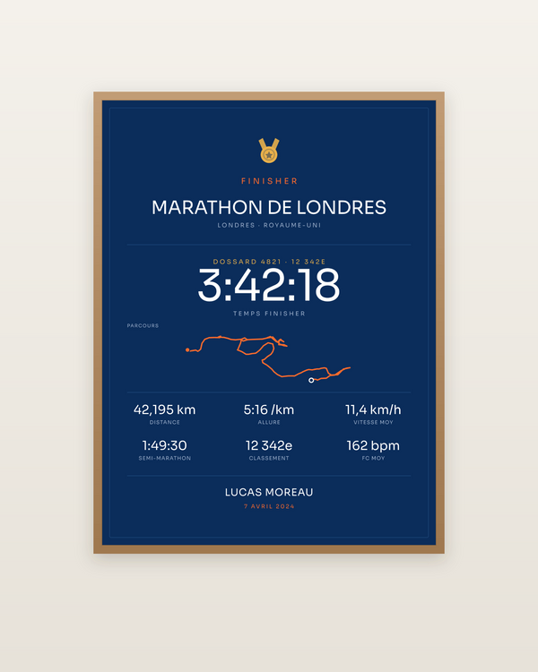Finisher Marathon de Londres, encadrée dans un cadre bois naturel
