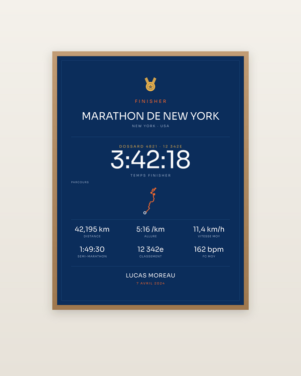 Finisher Marathon de New York, encadrée dans un cadre bois naturel