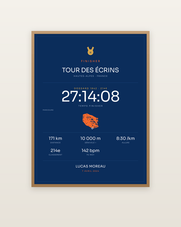 Finisher Tour des Écrins, encadrée dans un cadre bois naturel